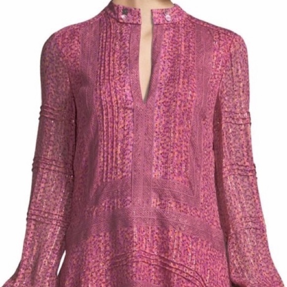 Derek Lam 10 Crosby Floral Mini Shift Dress with Lace Inserts in Pink Metallic - Picture 6 of 14